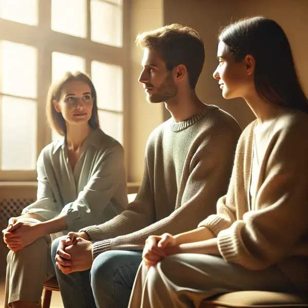 Grupa ludzi w ciepło oświetlonym pomieszczeniu, prowadzących spokojną rozmowę terapeutyczną. Atmosfera pełna empatii i wzajemnego zrozumienia.